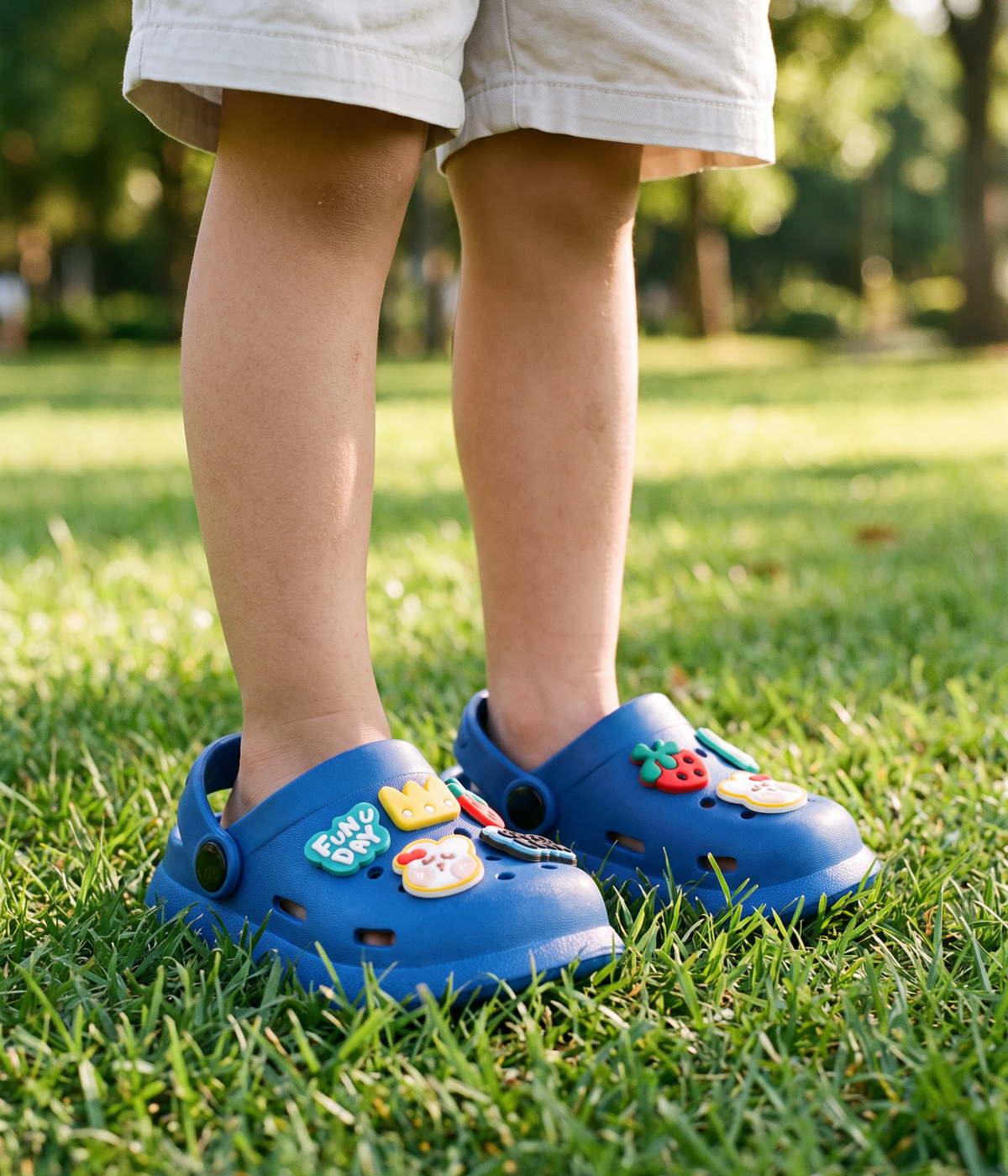 Clog Infantil Fun Day de EVA Azul, em uso