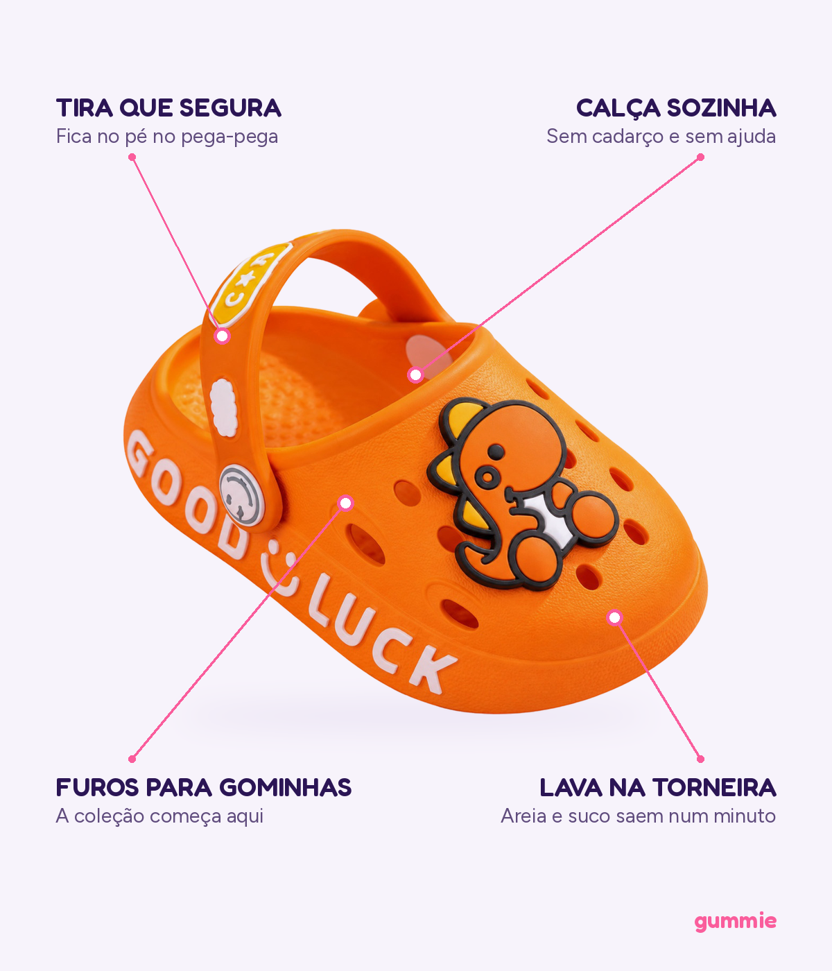 Clog Infantil Dino de EVA Laranja, detalhes
