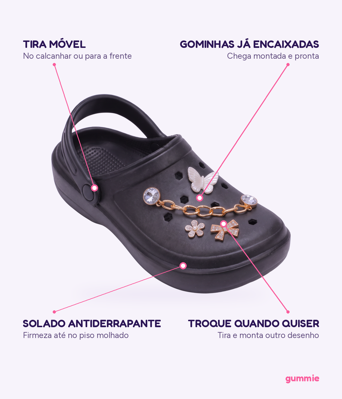 Clog de EVA Personalizado com Gominhas Preto, detalhes