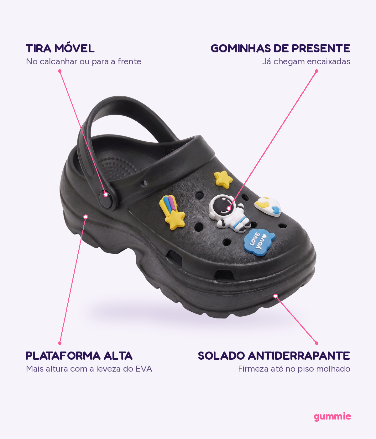 Clog Plataforma Astronauta Preto (+Gominhas de Brinde), detalhes