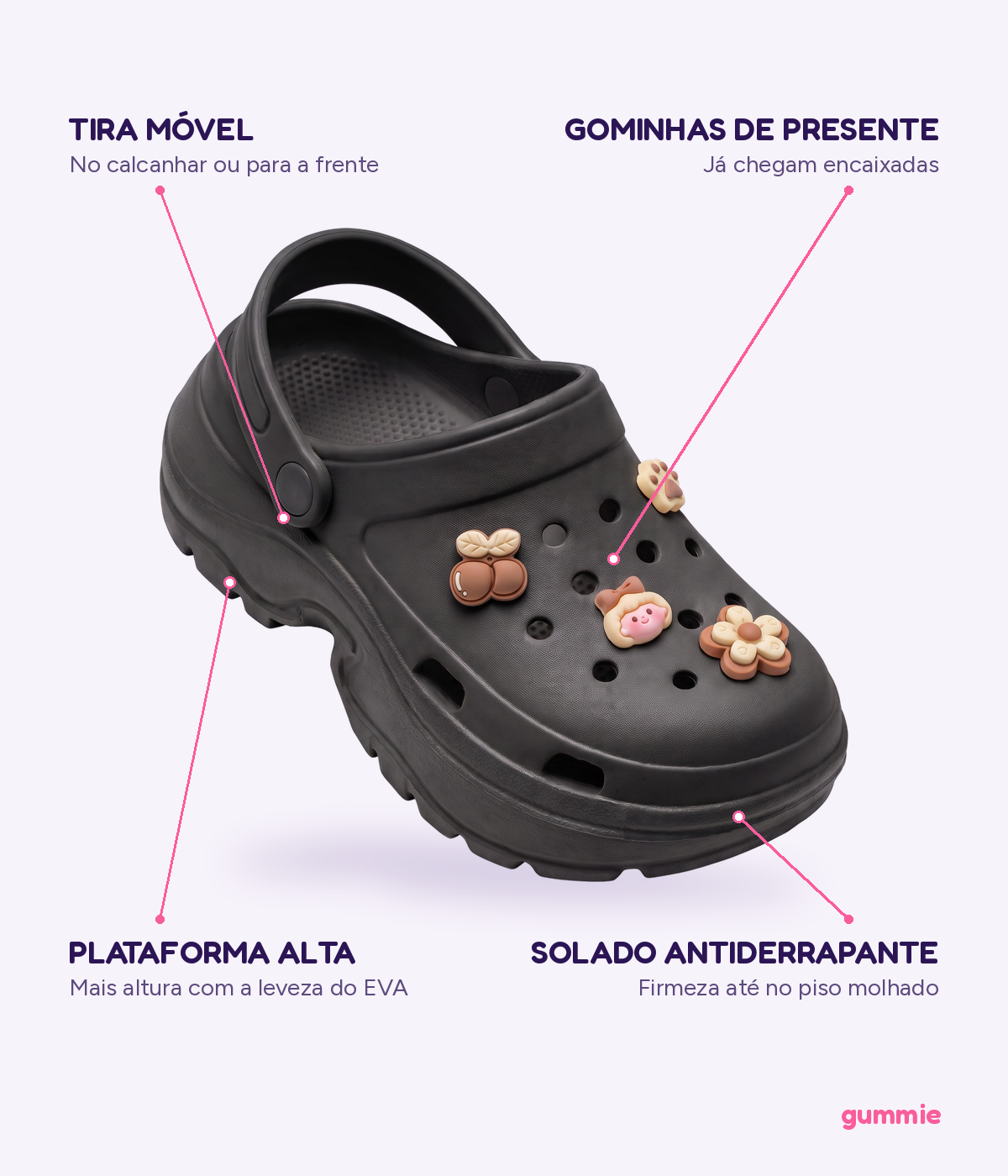 Clog Plataforma Baby Preto (+Gominhas de Brinde), detalhes