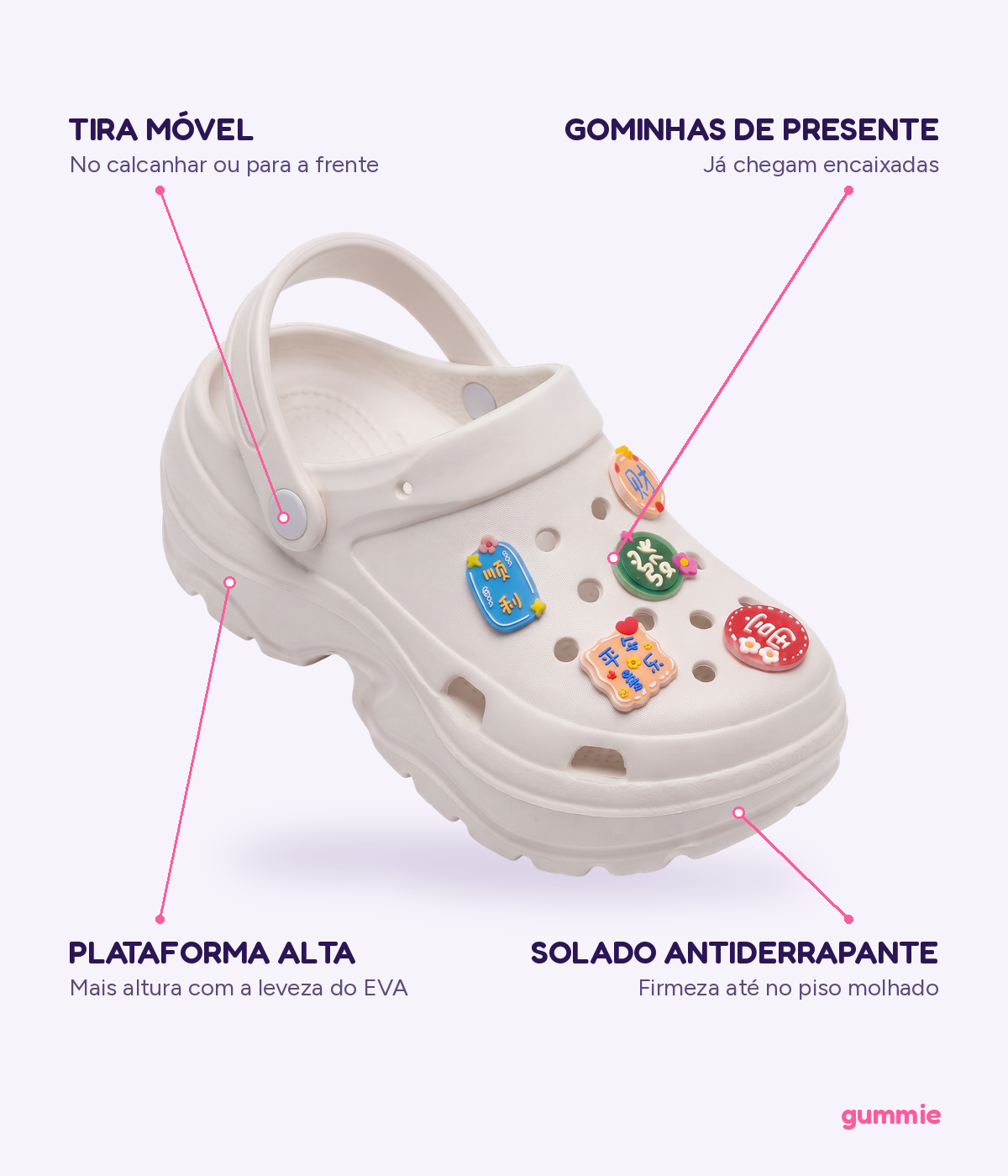 Clog Plataforma Boa Sorte Branco (+Gominhas de Brinde), detalhes