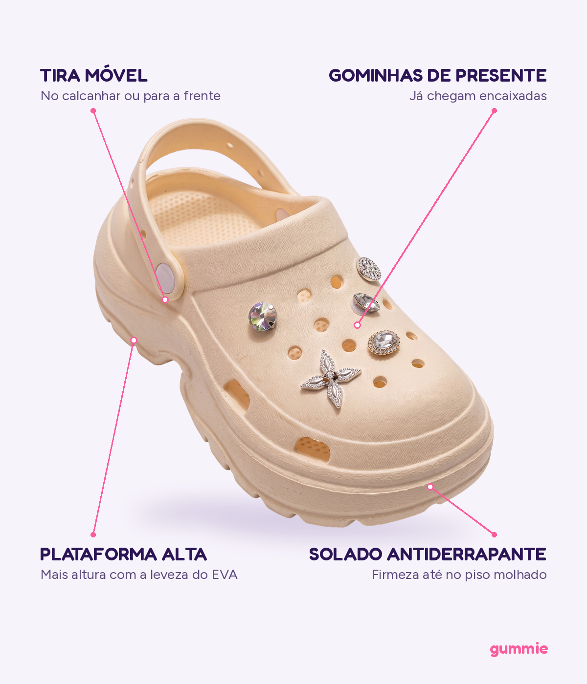 Clog Plataforma Brilho Bege (+Gominhas de Brinde), detalhes