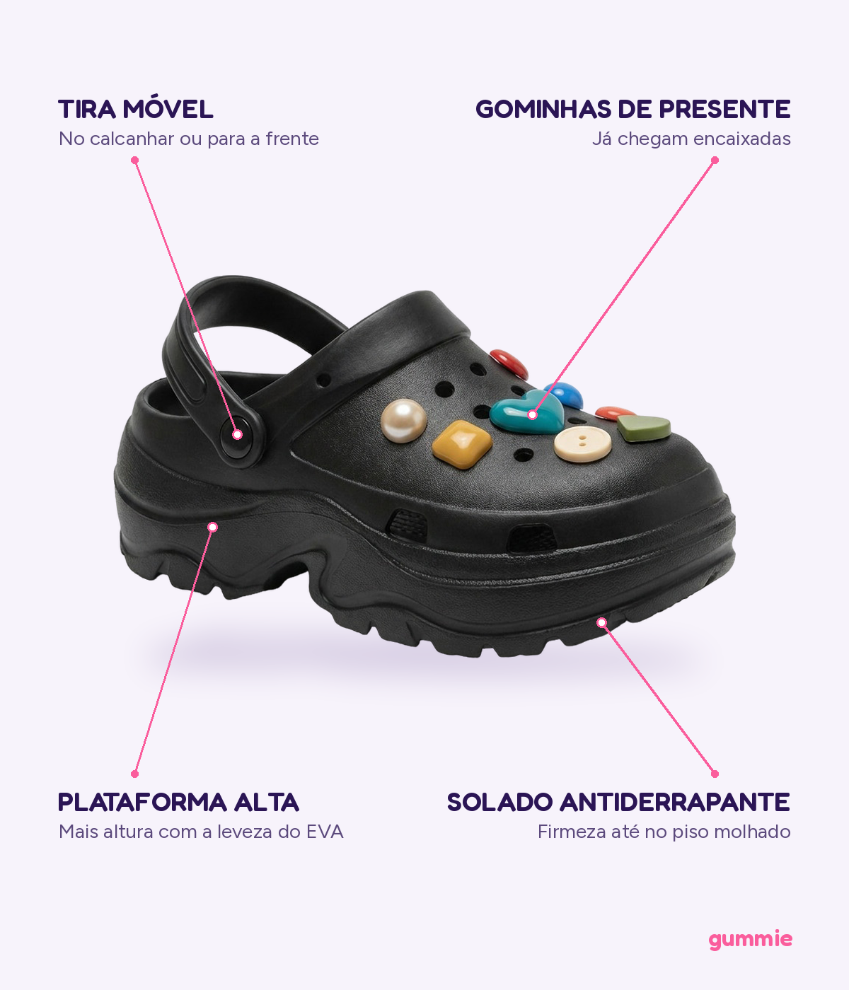 Clog Plataforma Confete Preto (+Gominhas de Brinde), detalhes