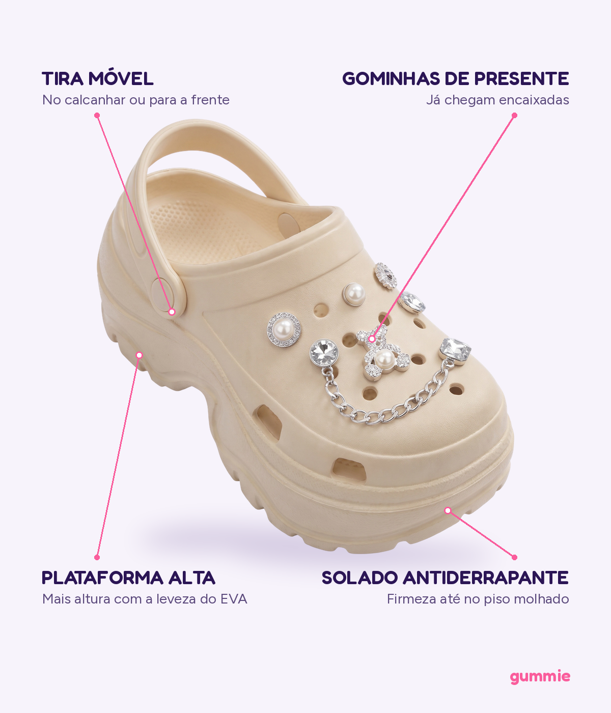 Clog Plataforma Cristal Bege (+Gominhas de Brinde), detalhes