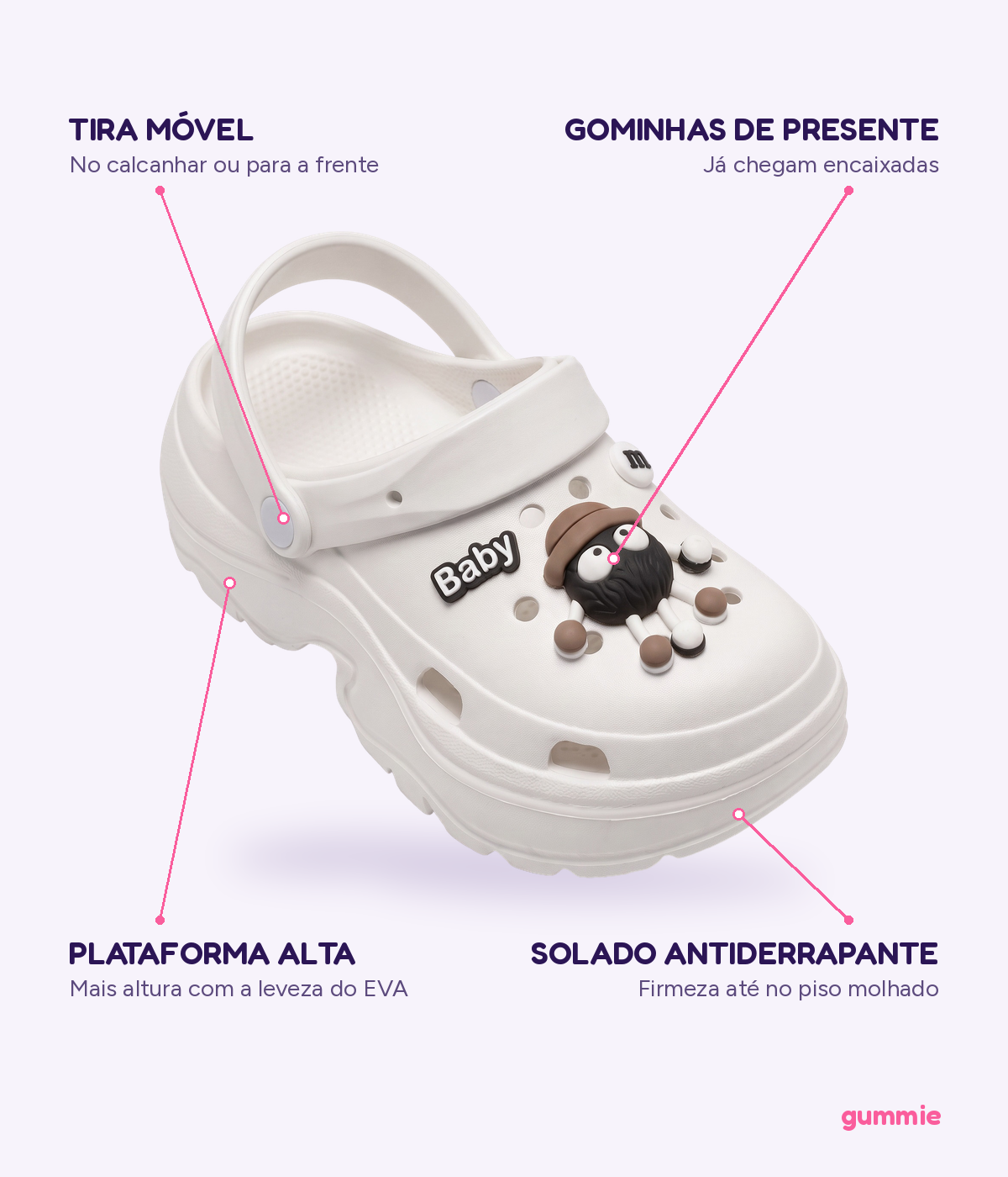 Clog Plataforma M&M Branco (+Gominhas de Brinde), detalhes