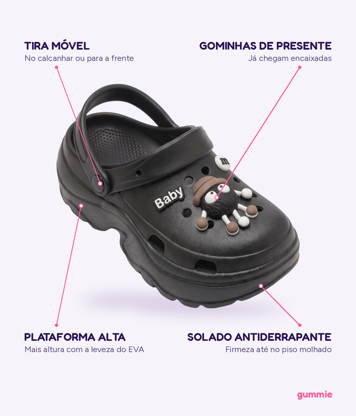 Clog Plataforma M&M Preto (+Gominhas de Brinde), detalhes