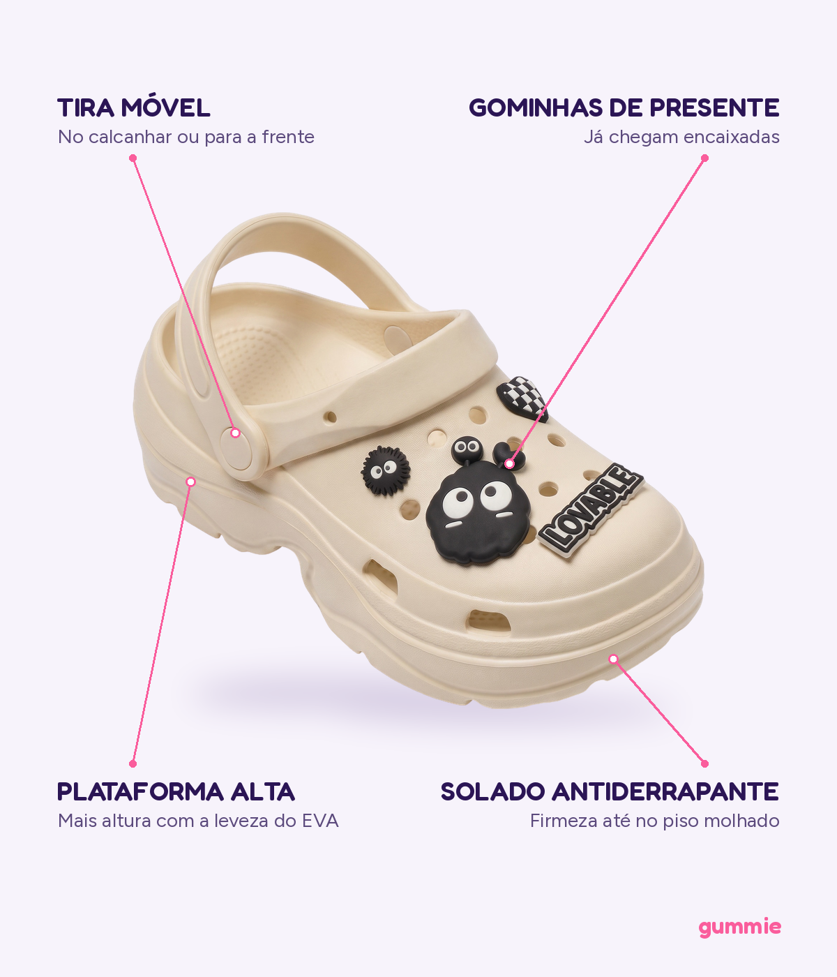 Clog Plataforma Monstrinho Bege (+Gominhas de Brinde), detalhes