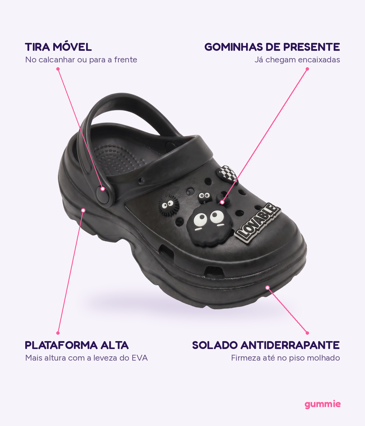 Clog Plataforma Monstrinho Preto (+Gominhas de Brinde), detalhes