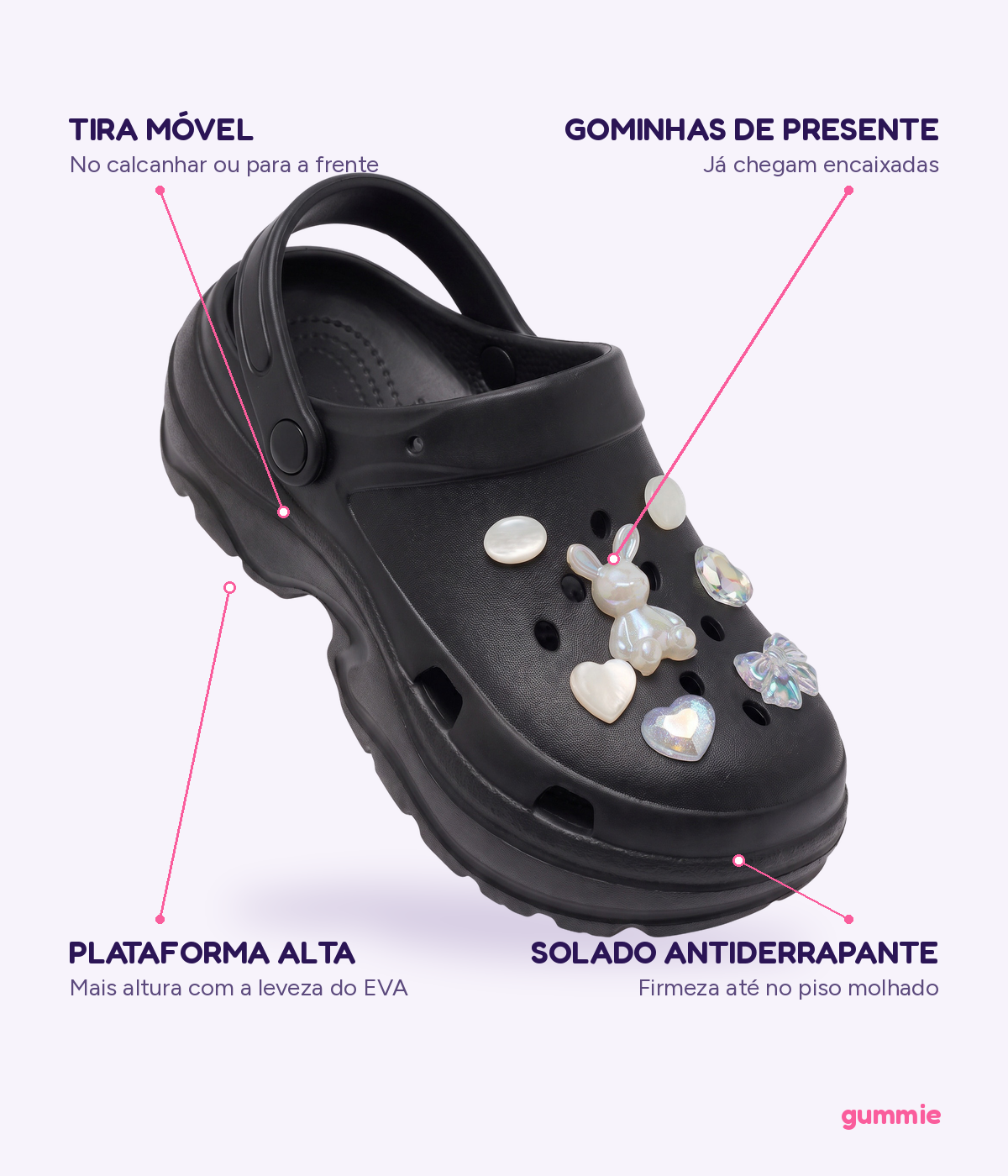 Clog Plataforma Pérola Preto (+Gominhas de Brinde), detalhes