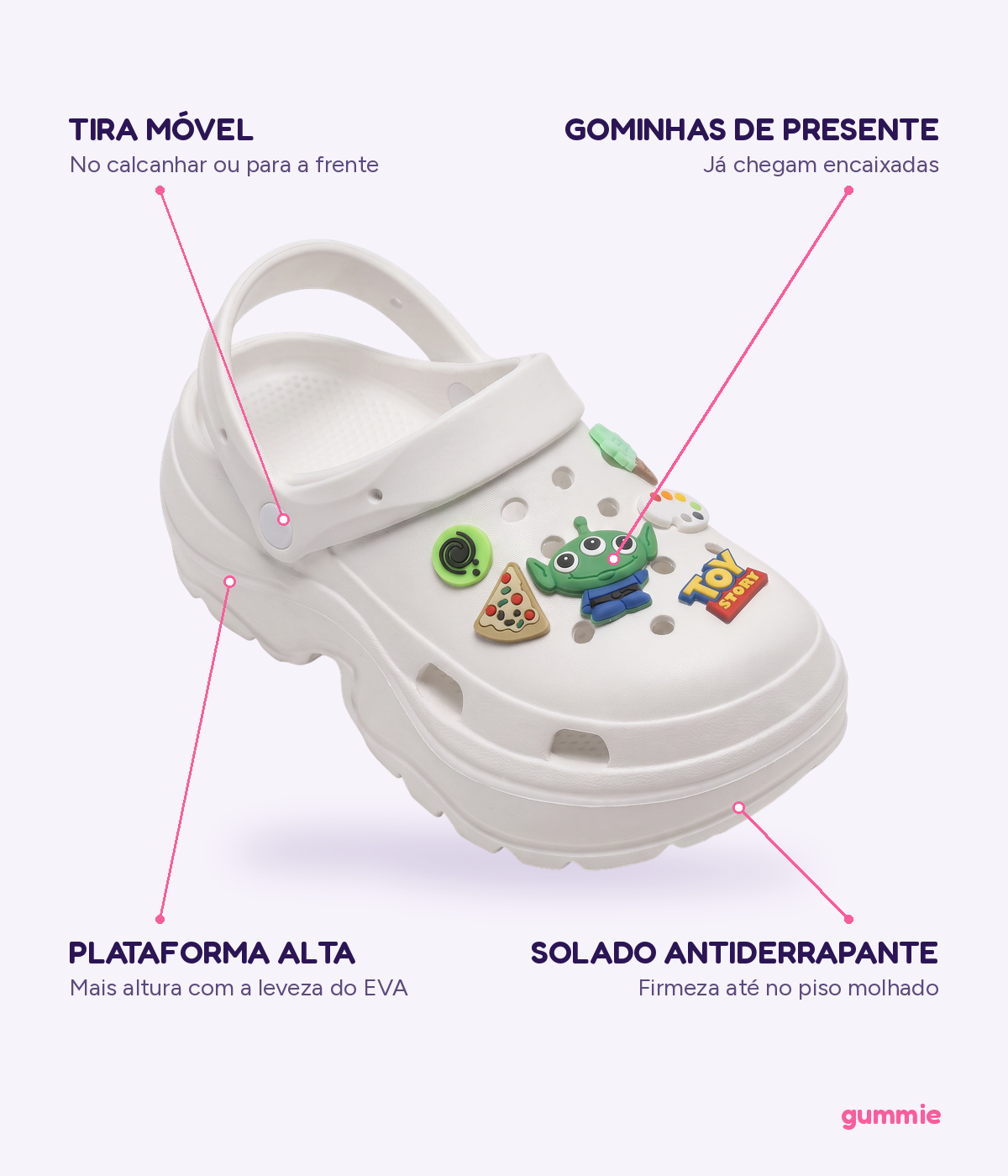 Clog Plataforma Toy Story Branco (+Gominhas de Brinde), detalhes