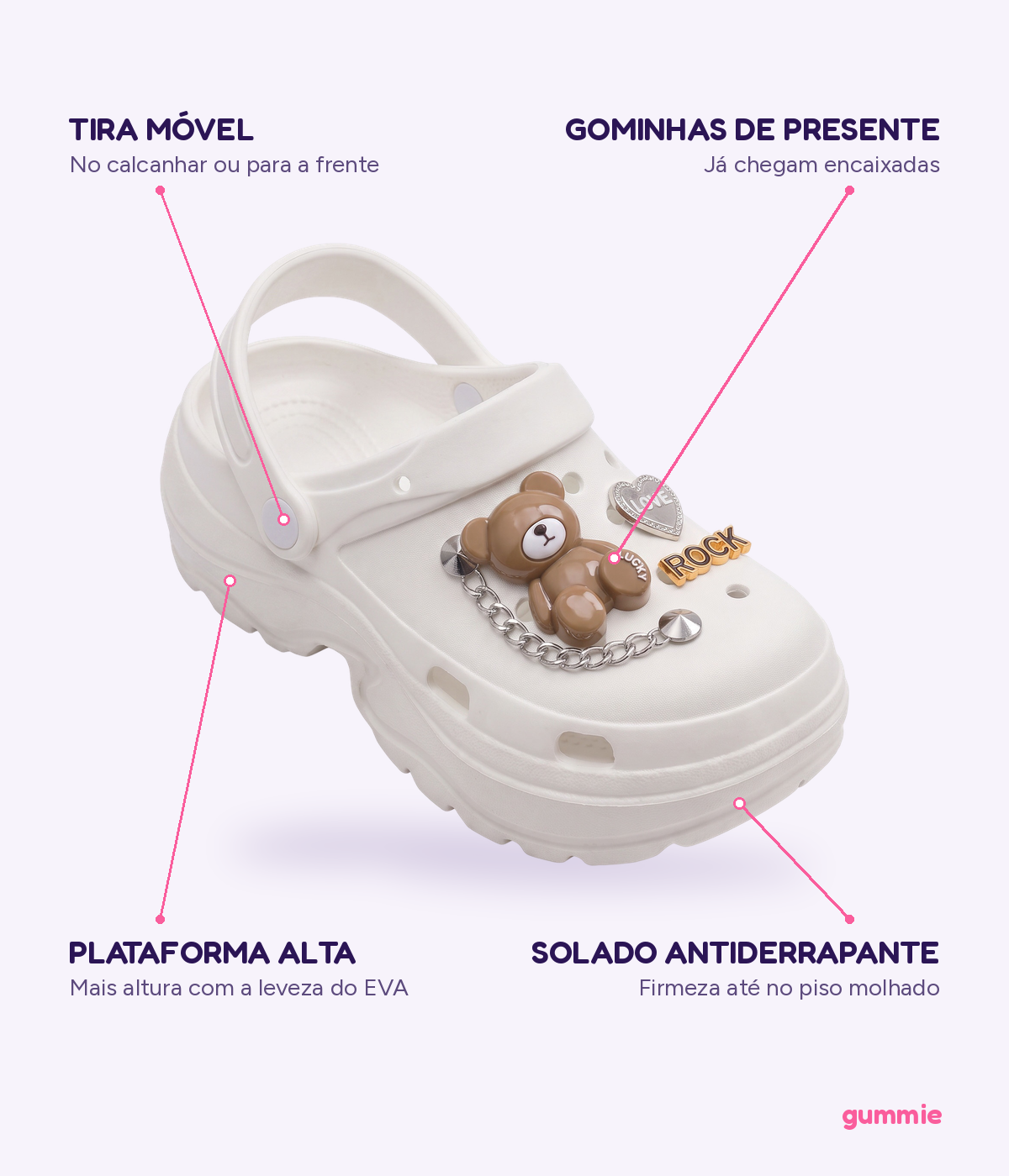 Clog Plataforma Ursinho Rock Branco (+Gominhas de Brinde), detalhes