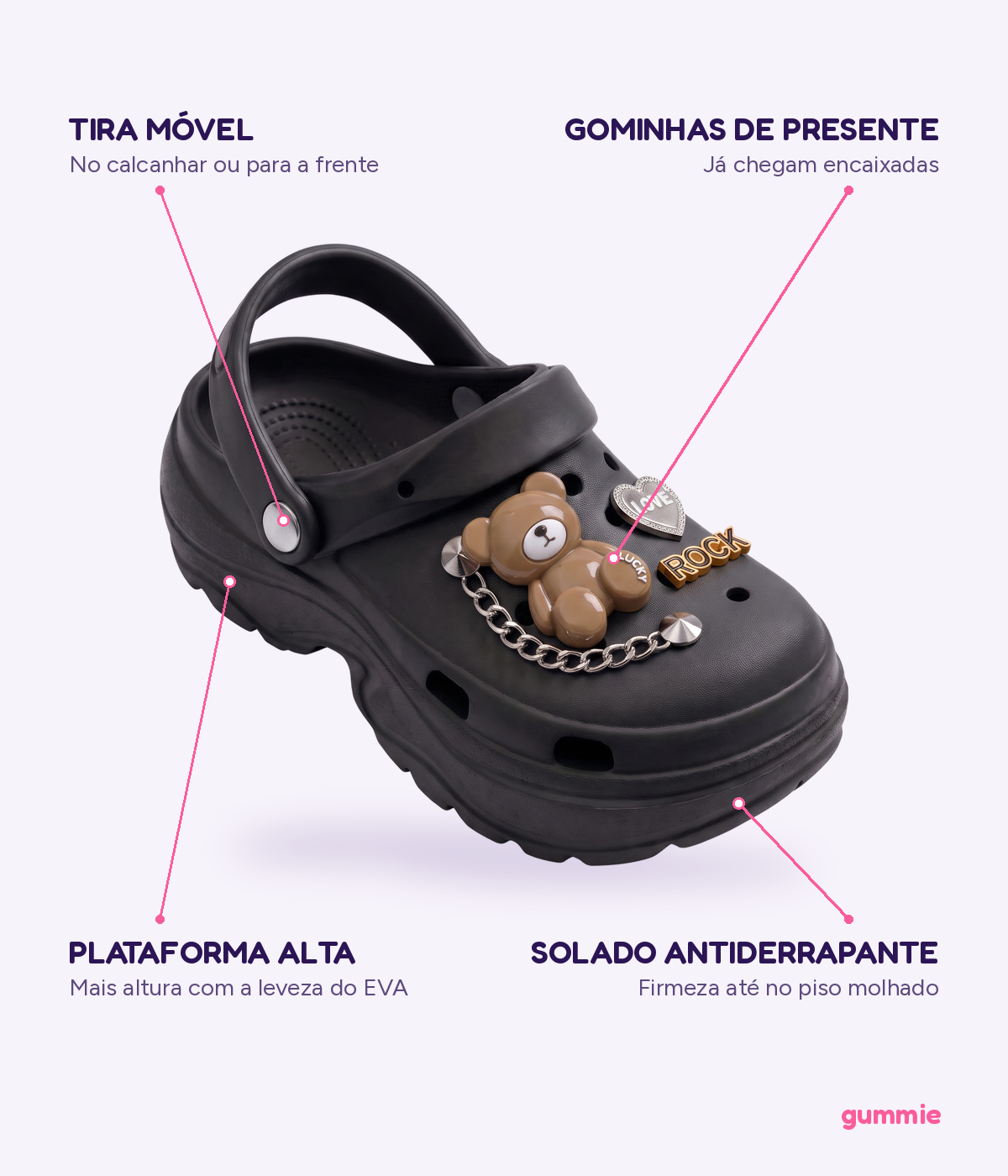 Clog Plataforma Ursinho Rock Preto (+Gominhas de Brinde), detalhes