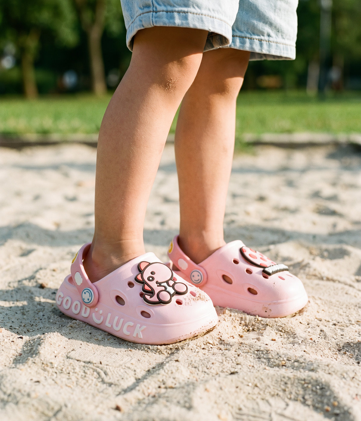 Clog Infantil Dino de EVA Rosa Claro, em uso