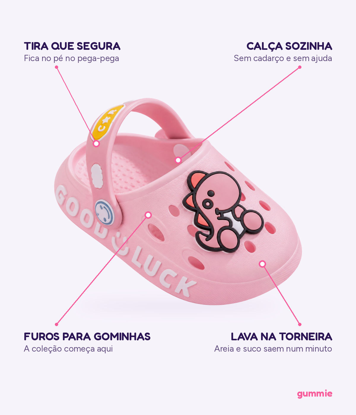 Clog Infantil Dino de EVA Rosa Claro, detalhes