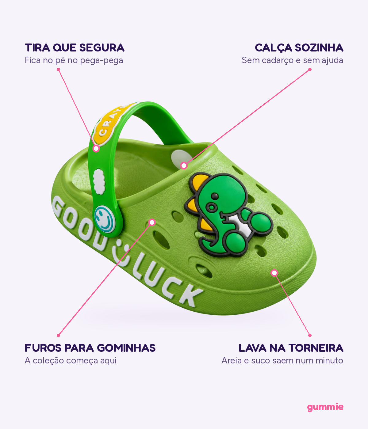 Clog Infantil Dino de EVA Verde, detalhes