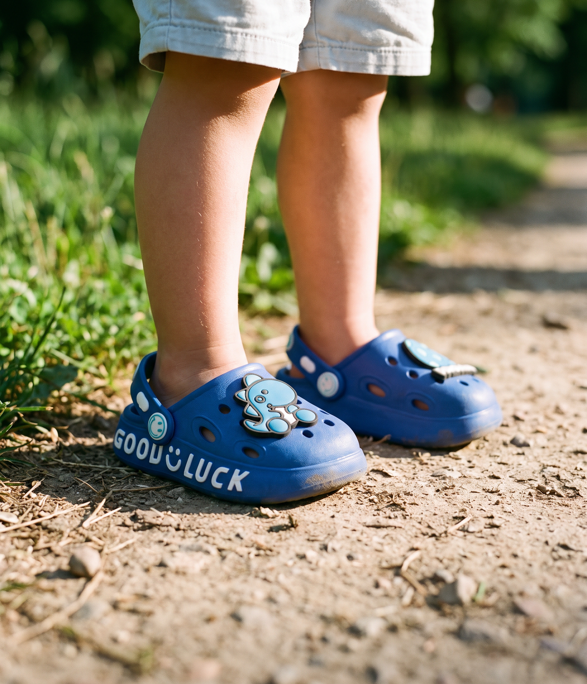 Clog Infantil Dino de EVA Azul, em uso