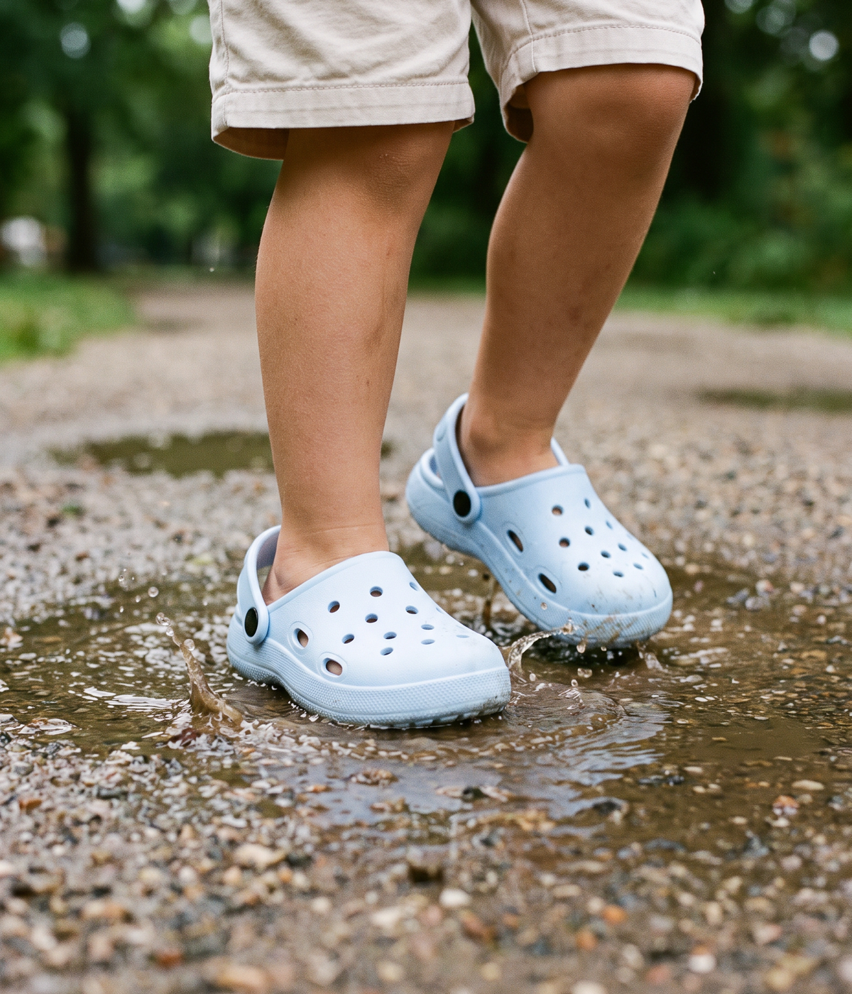 Clog Infantil Básico de EVA Azul Claro, em uso
