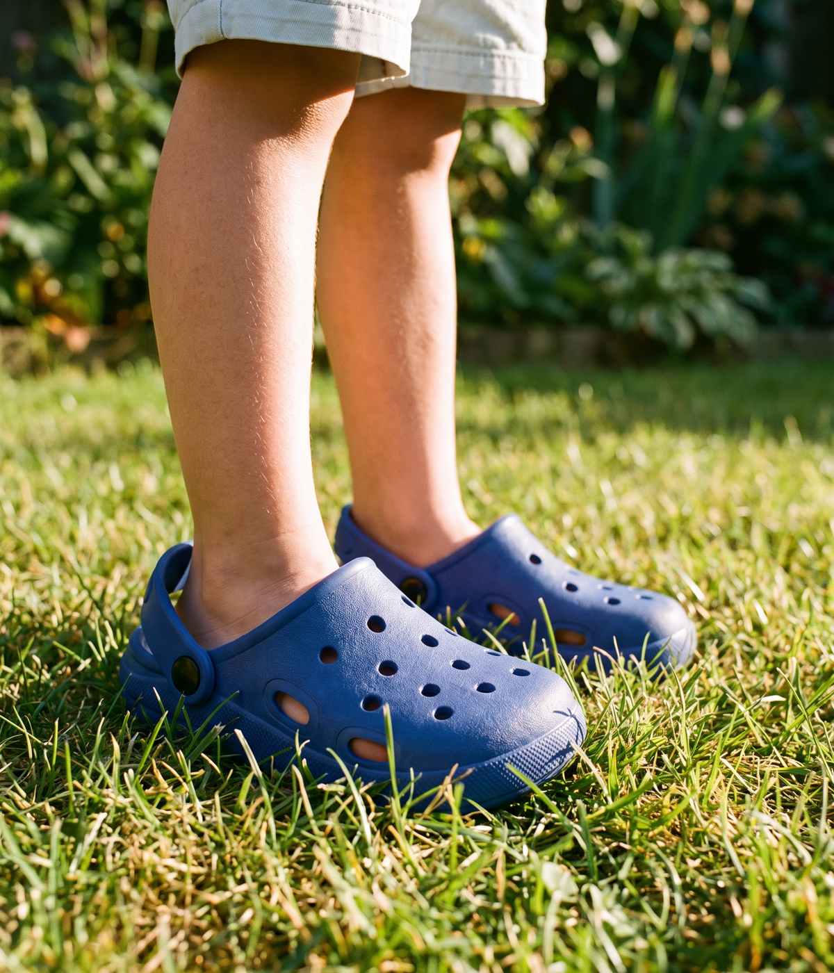 Clog Infantil Básico de EVA Azul Escuro, em uso
