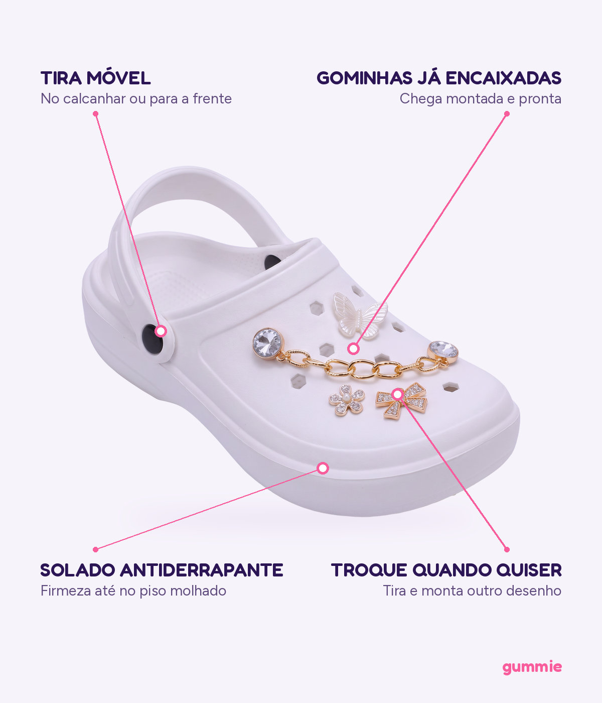 Clog de EVA Personalizado com Gominhas Branco, detalhes
