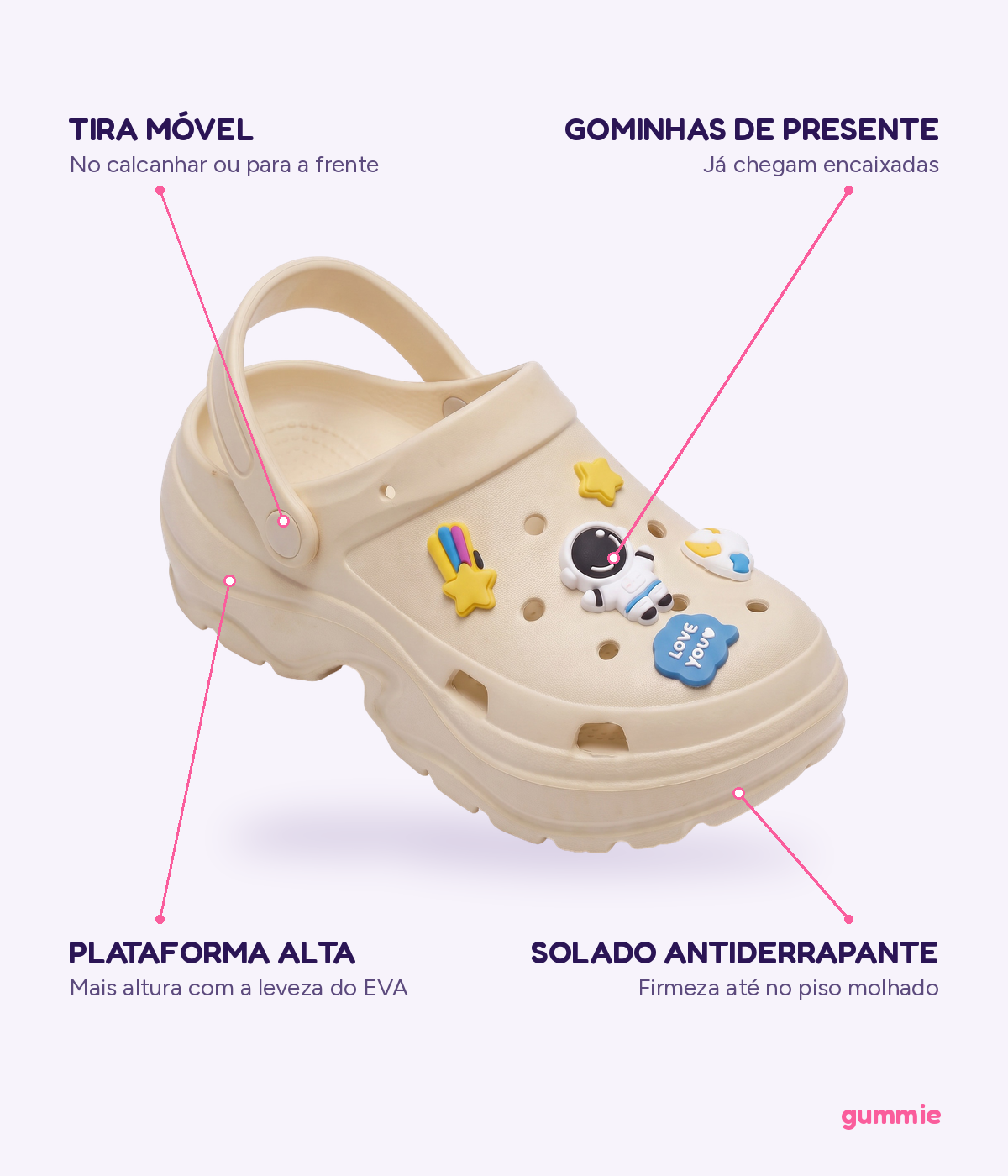 Clog Plataforma Astronauta Bege (+Gominhas de Brinde), detalhes