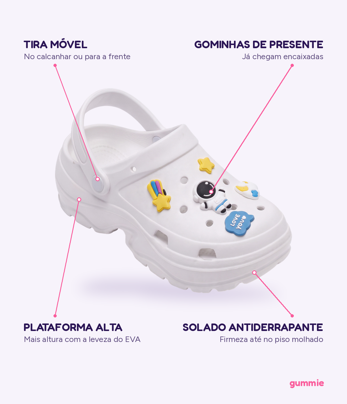 Clog Plataforma Astronauta Branco (+Gominhas de Brinde), detalhes