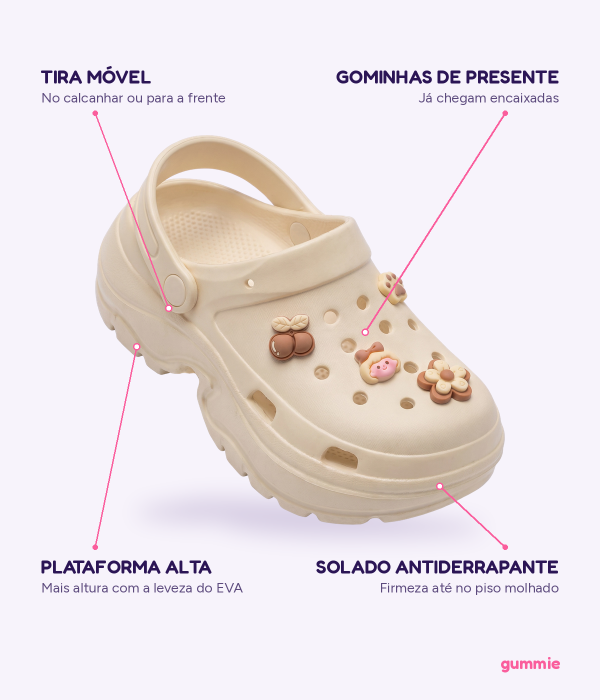 Clog Plataforma Baby Bege (+Gominhas de Brinde), detalhes