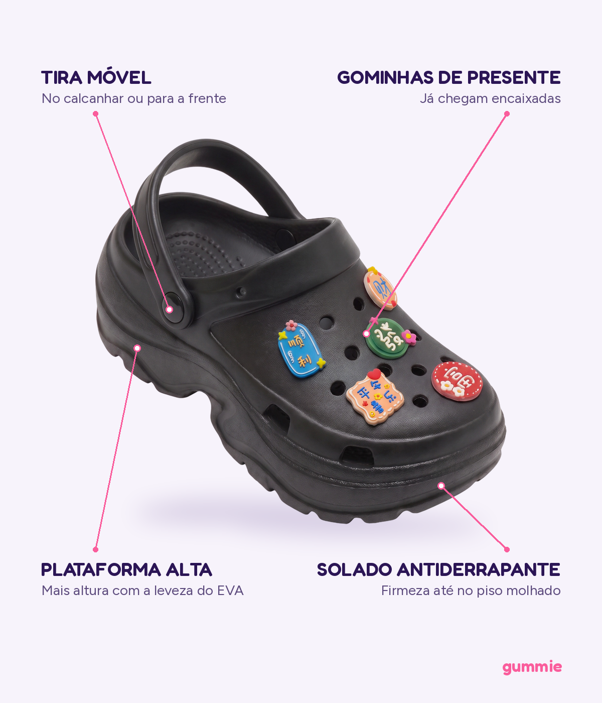 Clog Plataforma Boa Sorte Preto (+Gominhas de Brinde), detalhes