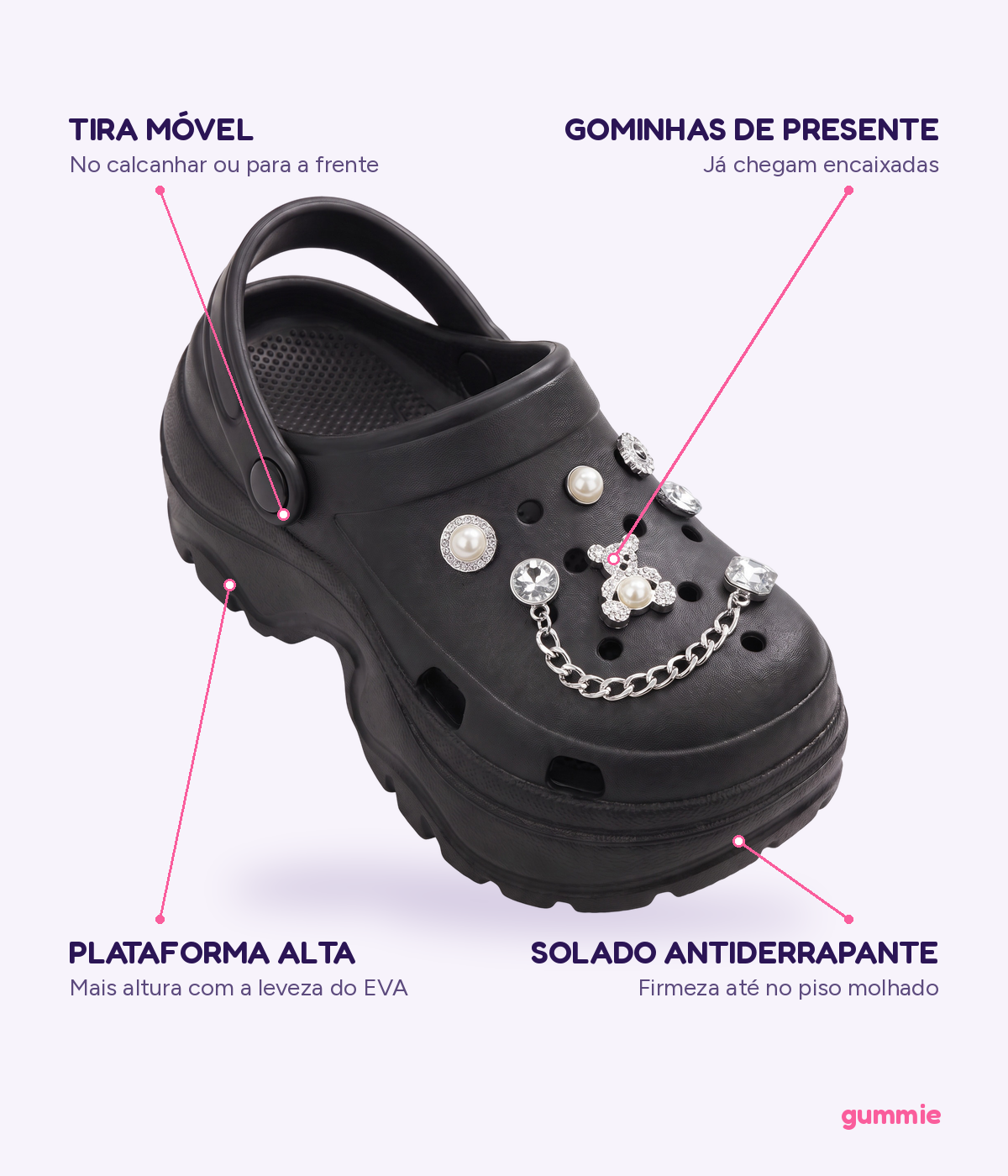 Clog Plataforma Cristal Preto (+Gominhas de Brinde), detalhes