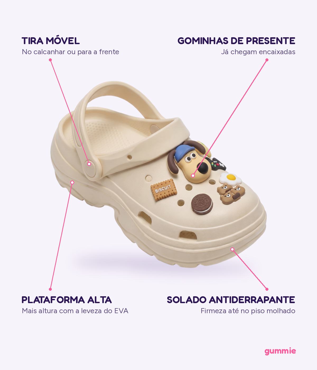 Clog Plataforma Hot Dog Bege (+Gominhas de Brinde), detalhes