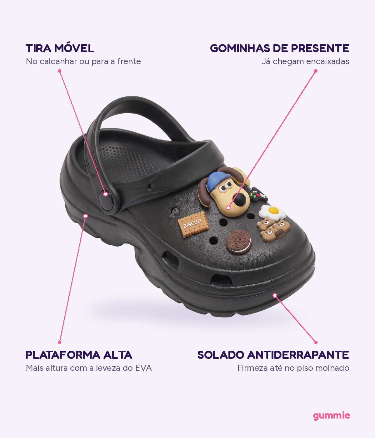 Clog Plataforma Hot Dog Preto (+Gominhas de Brinde), detalhes