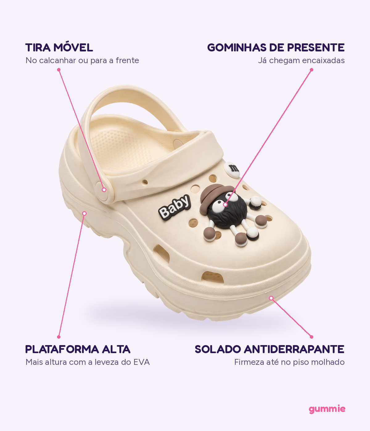 Clog Plataforma M&M Bege (+Gominhas de Brinde), detalhes