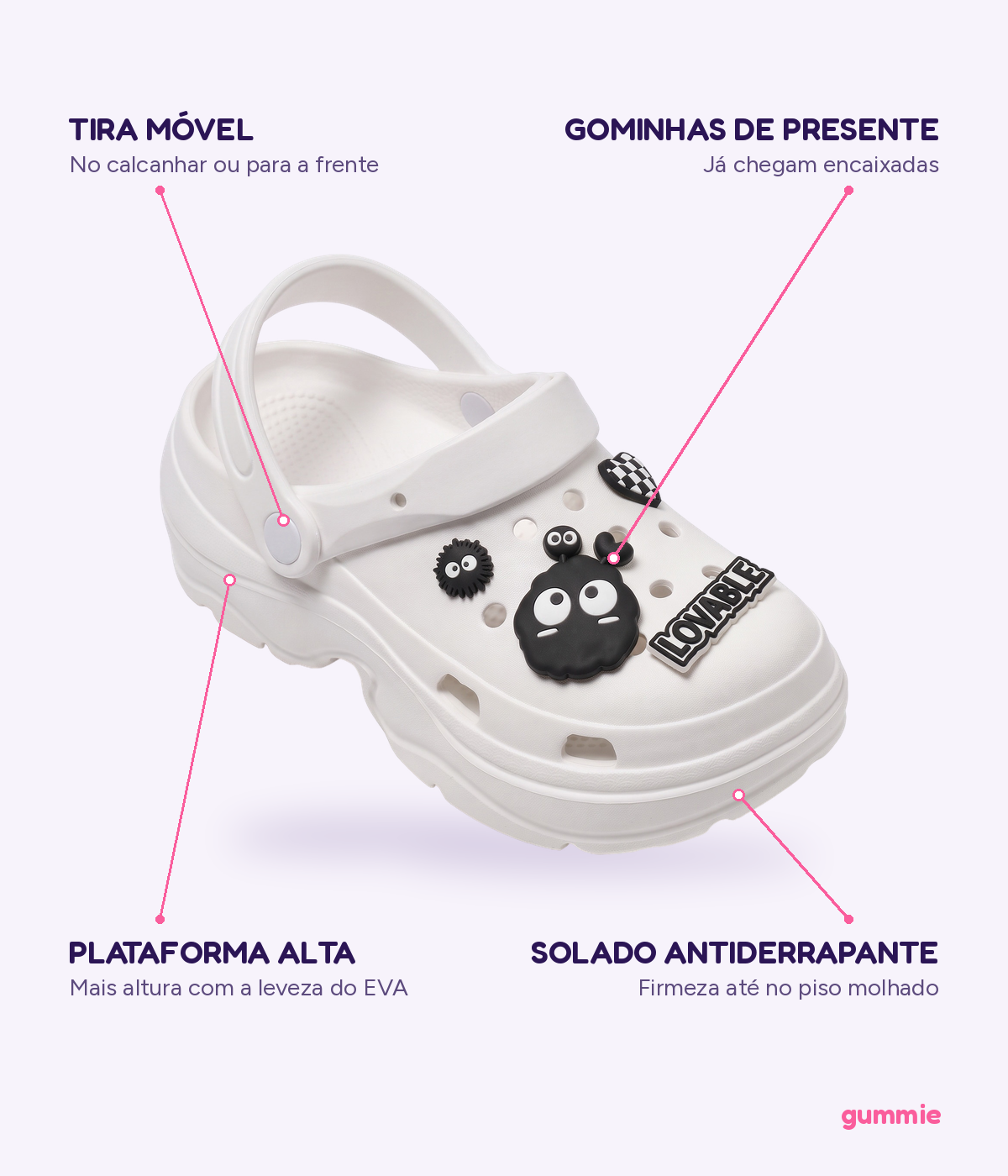 Clog Plataforma Monstrinho Branco (+Gominhas de Brinde), detalhes