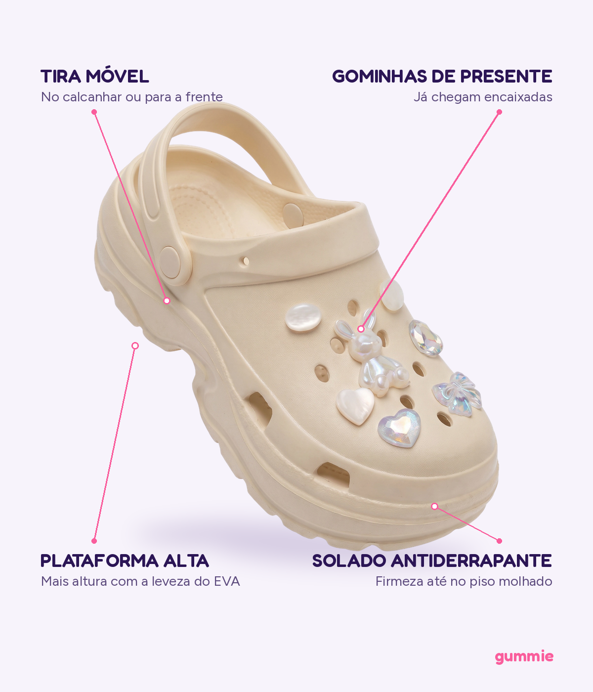 Clog Plataforma Pérola Bege (+Gominhas de Brinde), detalhes