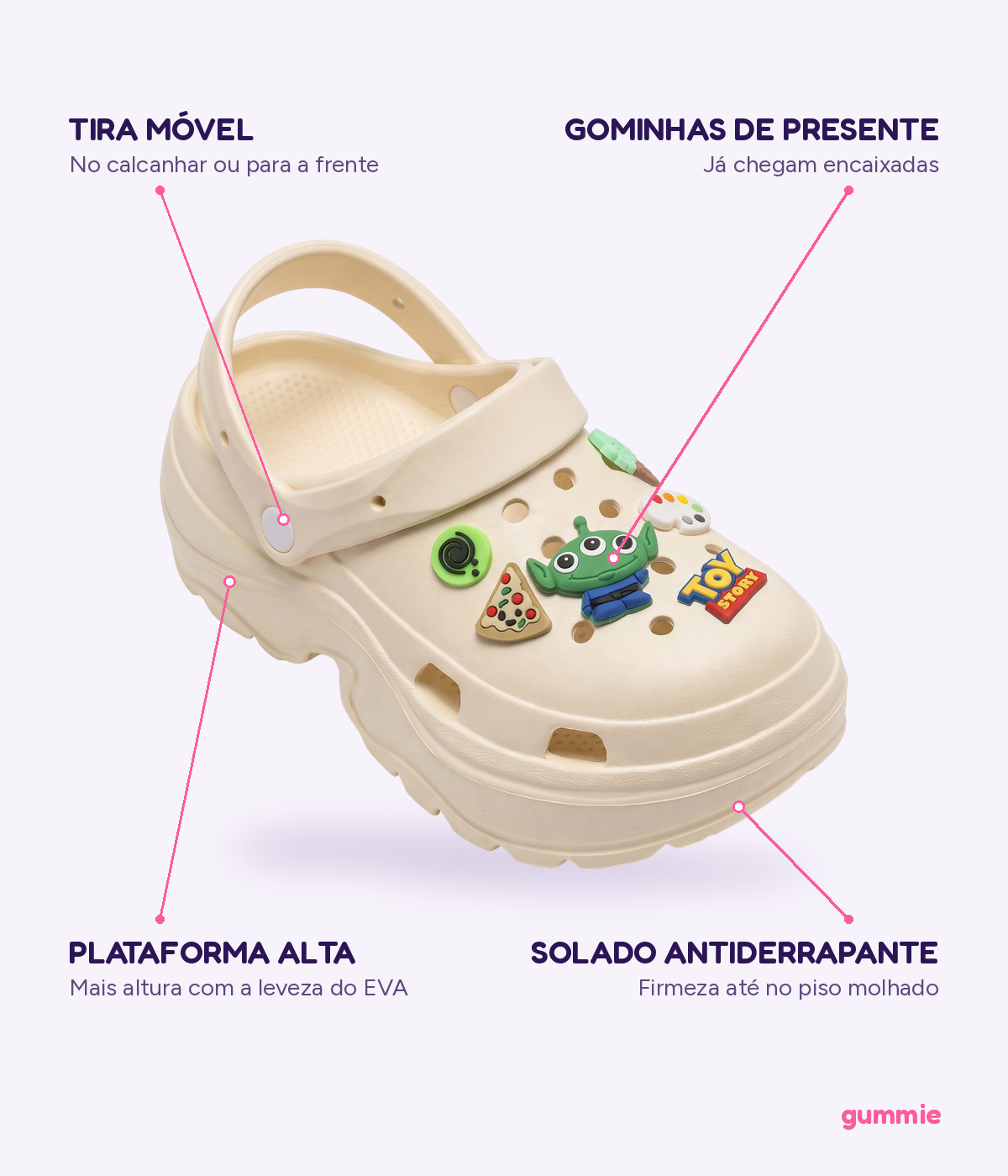 Clog Plataforma Toy Story Bege (+Gominhas de Brinde), detalhes
