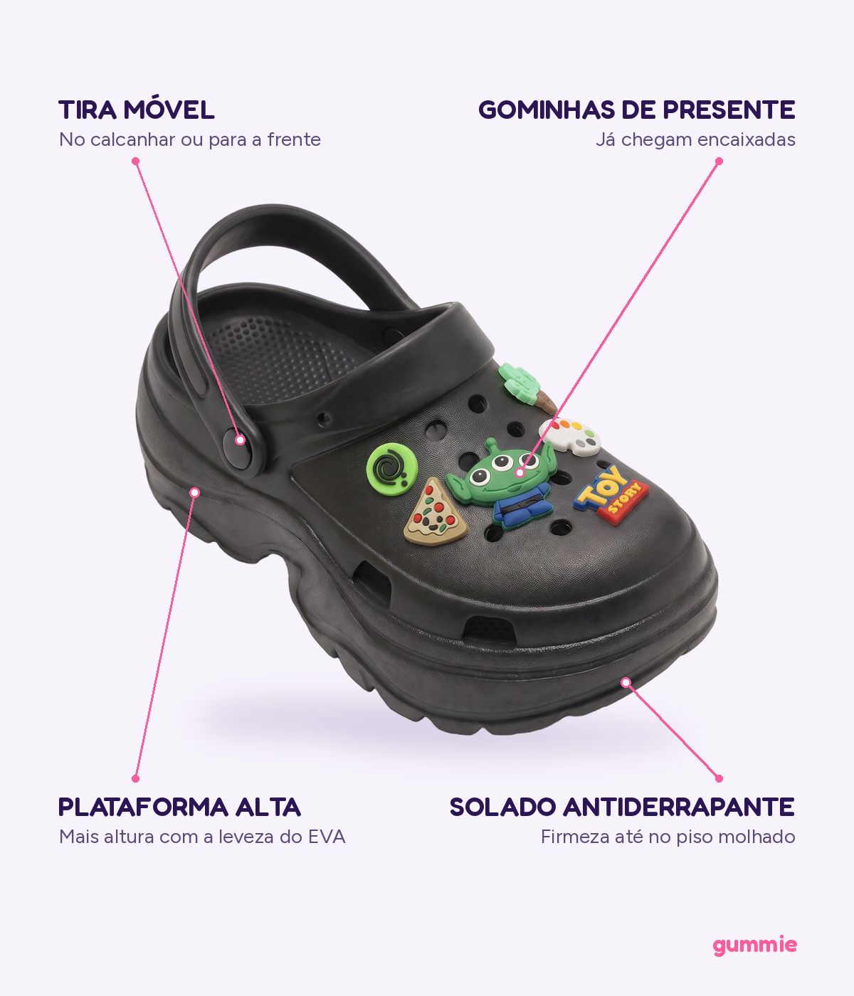 Clog Plataforma Toy Story Preto (+Gominhas de Brinde), detalhes