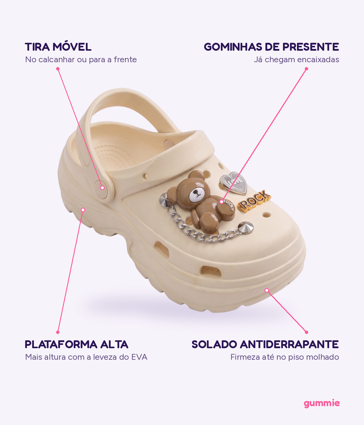 Clog Plataforma Ursinho Rock Bege (+Gominhas de Brinde), detalhes