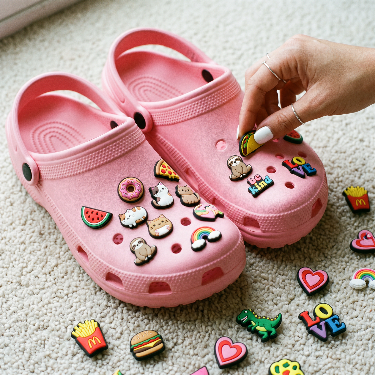 Mão encaixando Gominhas numa clog rosa