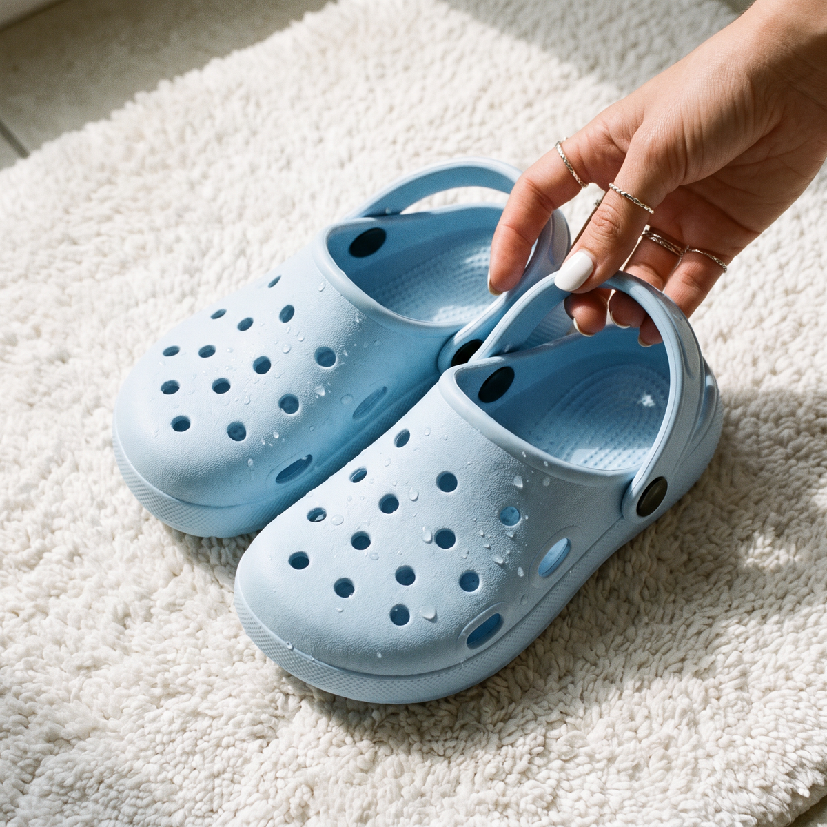 Par do Clog Infantil Básica azul claro no tapete de banheiro