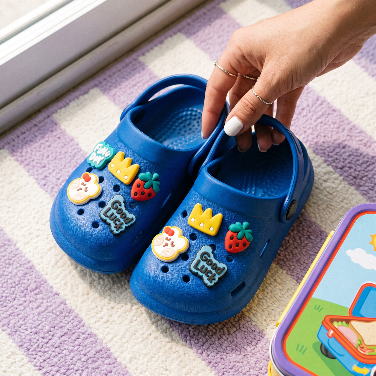 Par do Clog Infantil Fun Day azul no tapete listrado